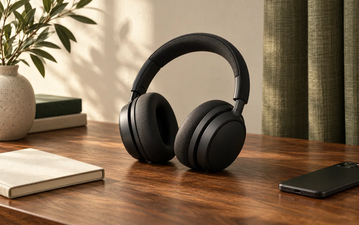 Casque audio posé sur une table en bois