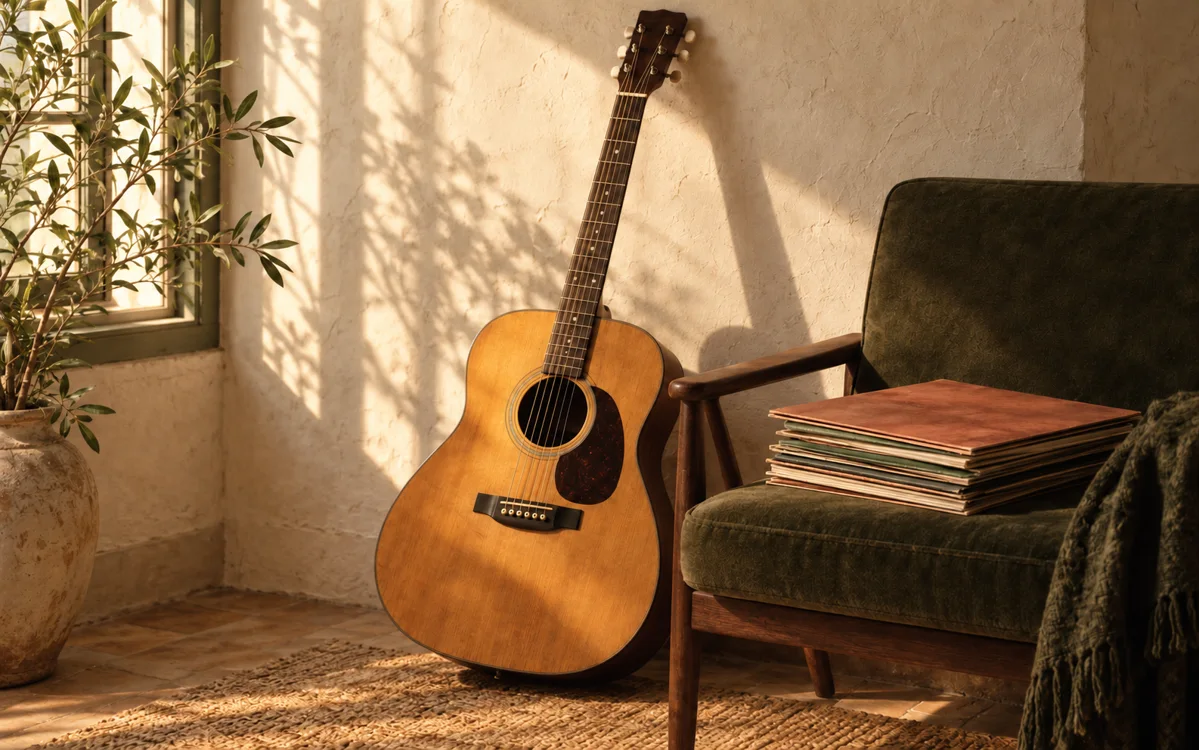 Guitare acoustique et pochettes de disques dans une pièce ensoleillée